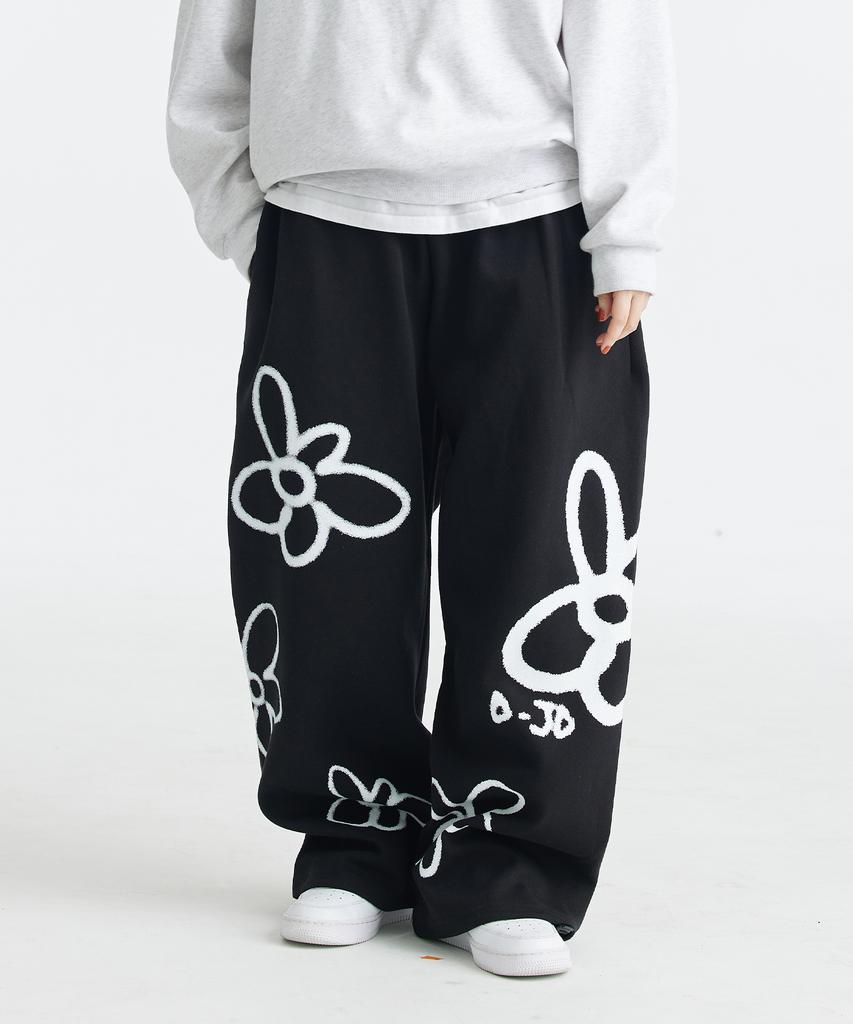 DOUBLE JD Flower Spray Stopper Wide Elastic Pants (Black)