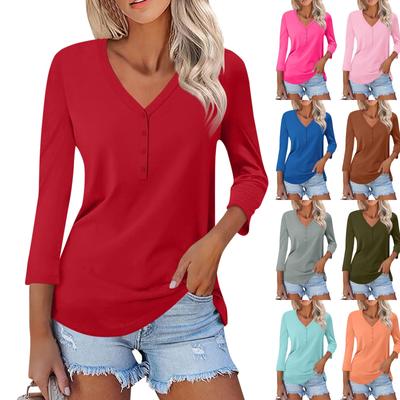 Women's Fashion Casual Solid Color V-neck Pullover Button Commuting Three-quarter Sleeve T-shirt Top