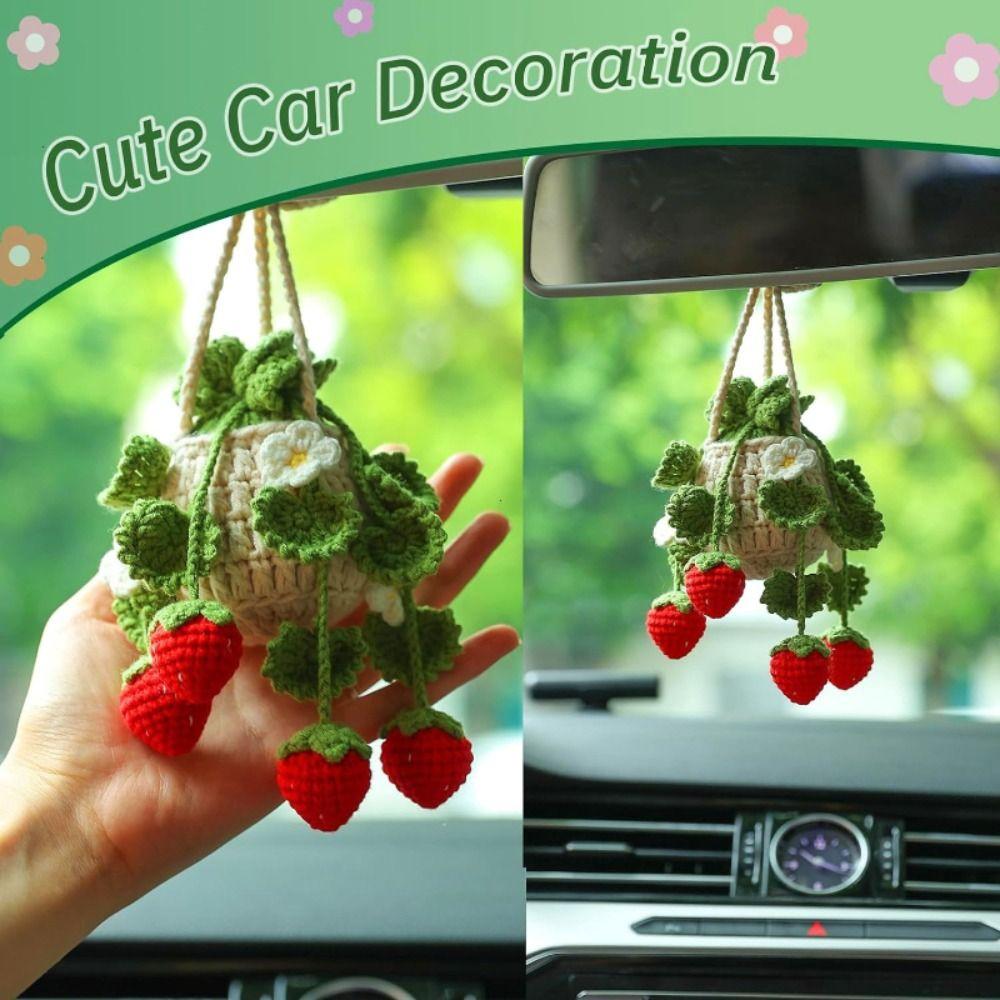 Cute Car Plant Crochet Hanging Basket Knitted Rear View Mirror Ornament Gifts