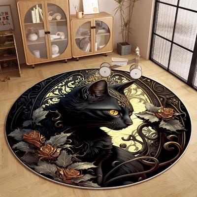 Black Cat Pattern Round Carpet Roses Vines Ornate Design Floor Mat Luxury Vintage Home Decor Rug for Living Room Bedroom