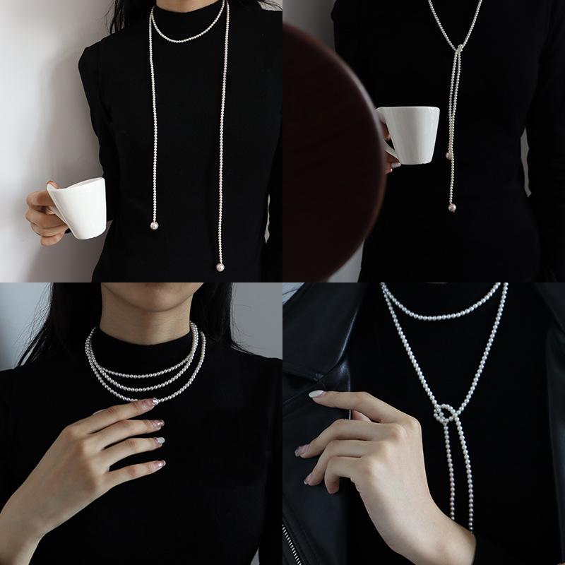 Minimalist French S925 Sterling Silver Pearl Necklace, Luxury Unique Vintage Long Layered Sweater Chain, Sophisticated Design белый