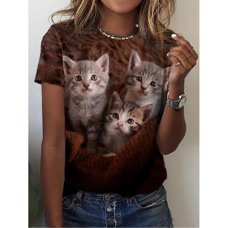 Women's 3d Dogs Cat Print T-Shirt Fashion Womens Tees Y2k Tops Harujuku Kawaii Oversized Summer O-Neck Top Female Clothing