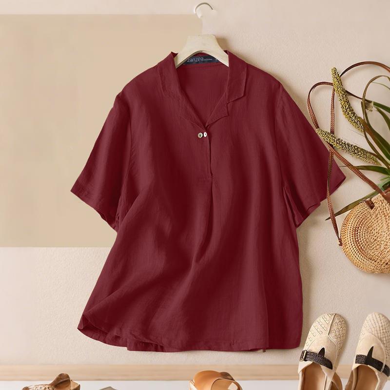 

ZANZEA Женская повседневная хлопковая блузка свободного кроя с коротким рукавом и отложным воротником 3XL вино красного