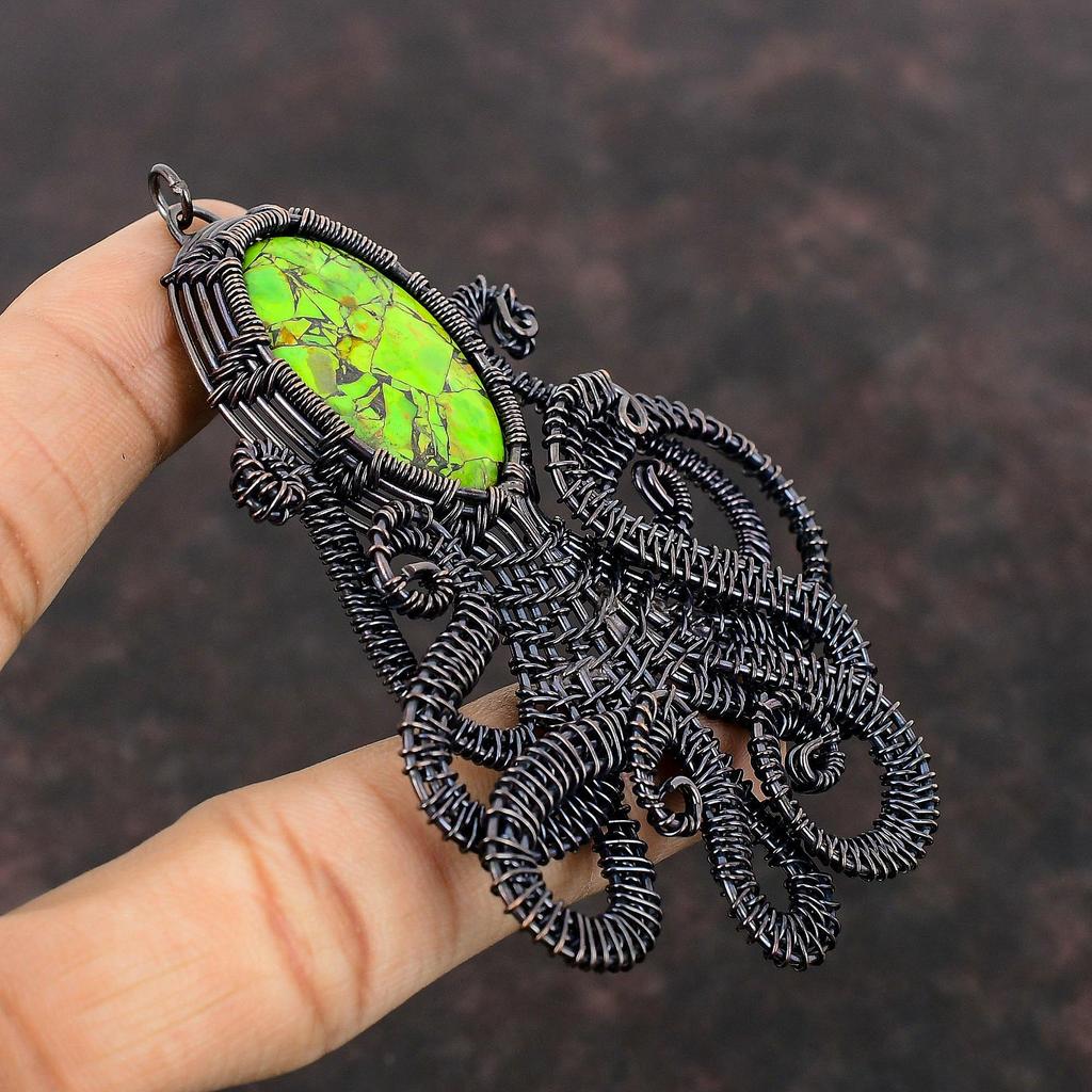 Copper Green Turquoise Pendant Copper Wire Wrapped Pendant Octopus Jewelry For Gift Handmade Gemstone Pendant Green Turquoise Copper Jewelry