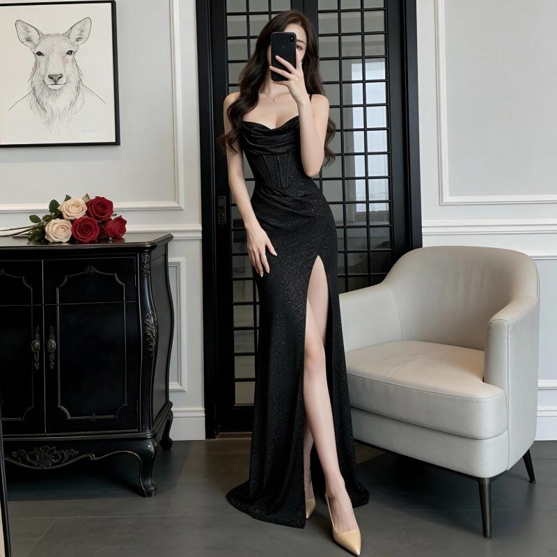 Elegant Sparkling Mermaid Gown with Thin Straps and Pleated Slit