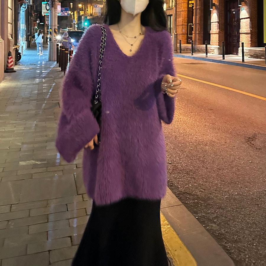 Autumn V-Neck Loose Lazy Style Faux Fur Coat Women's New Purple French Style Fashion Korean Top