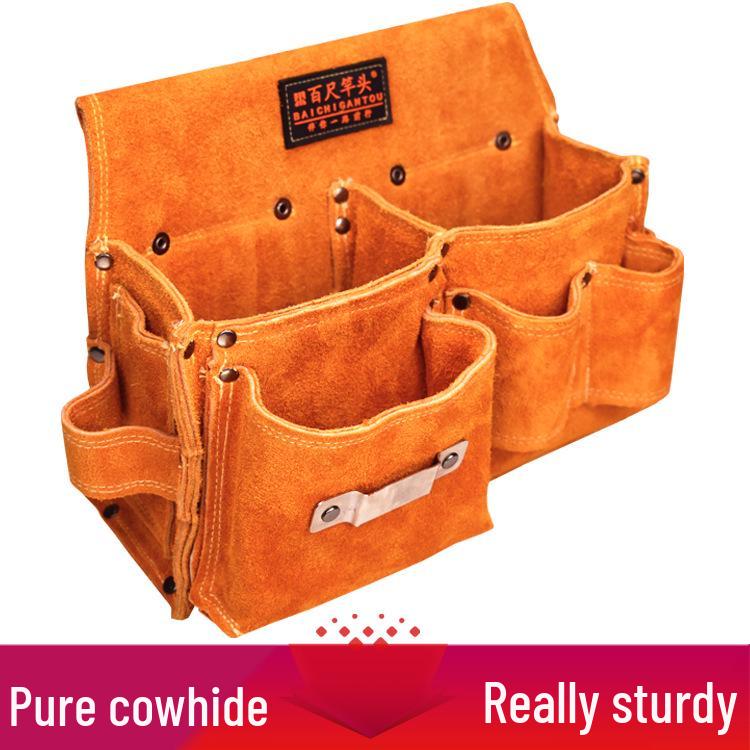 Woodworking Nail Waist Bag, Cowhide Tool Pouch, Wear-resistant, Multi-functional for Men s Construction Site Use.