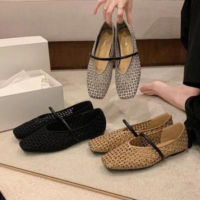 Square-toed Shoes with Hollowed-out Woven One-strap Versatile Soft Surface Shallow Opening Single Sandals