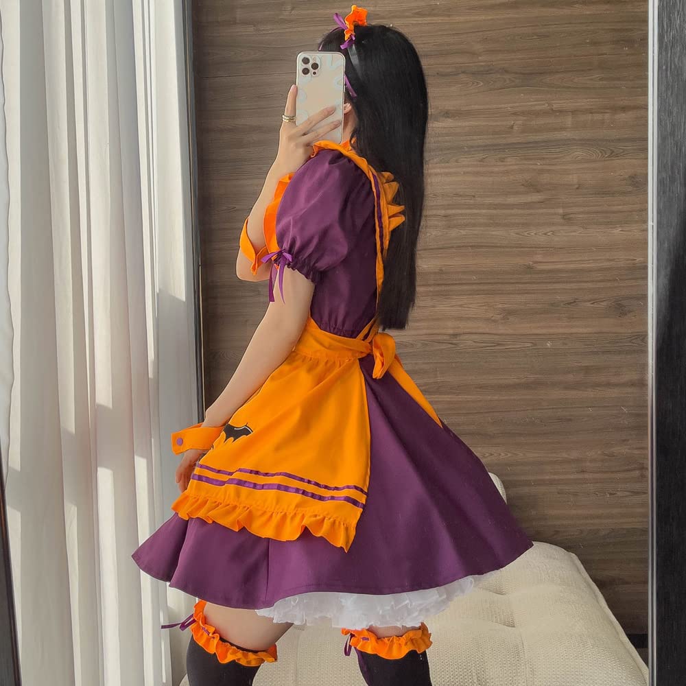 Halloween Maid Orange Bat Halloween Includes Socks [RPFLQ] Outfit, Costume, Women's Costume, Apron, Headband, Cute, Adult, 7-Piece Set, Knee-High