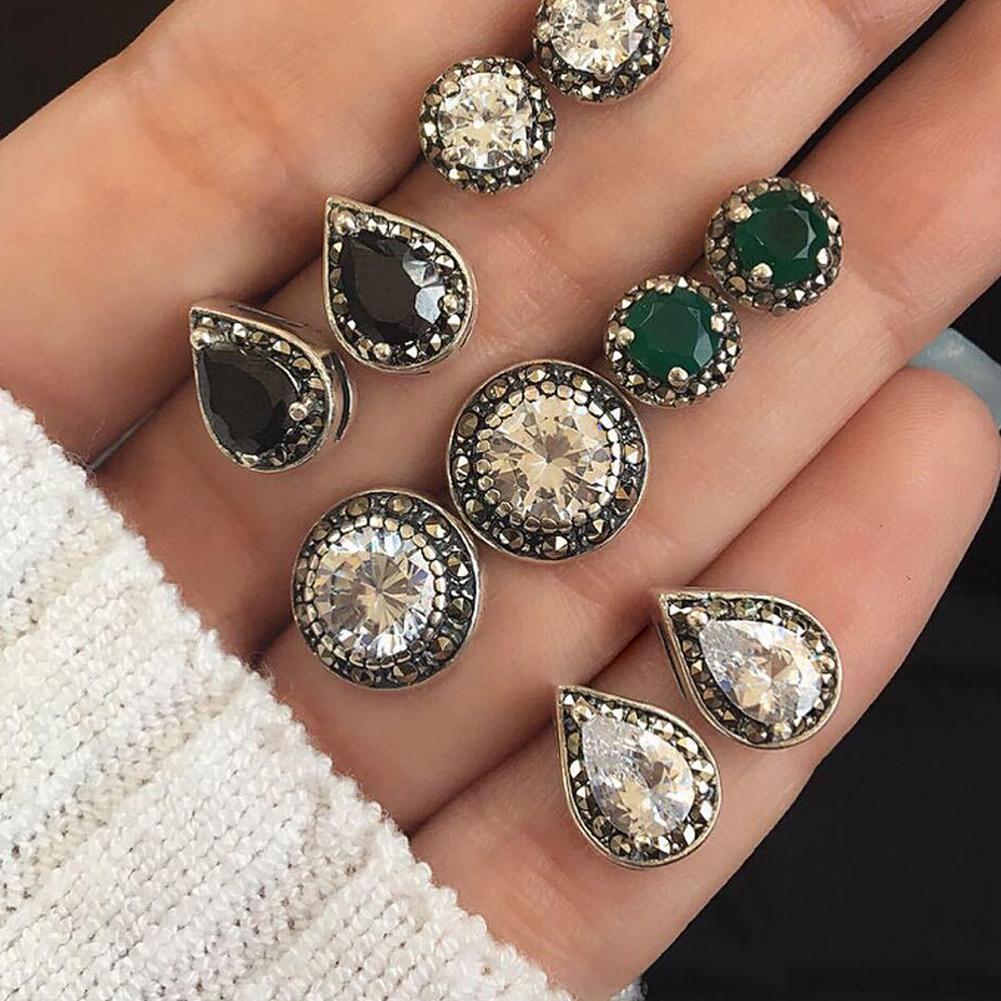 5 Pairs Retro Bohemia Style Earring Set Shimmer Crystal Ear Studs