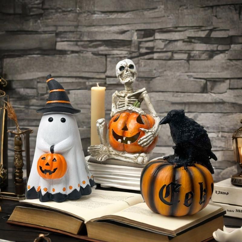 62KD Durability Resin Craft Horror Pumpkin Ghostly Statues for Halloween Enthusiasts