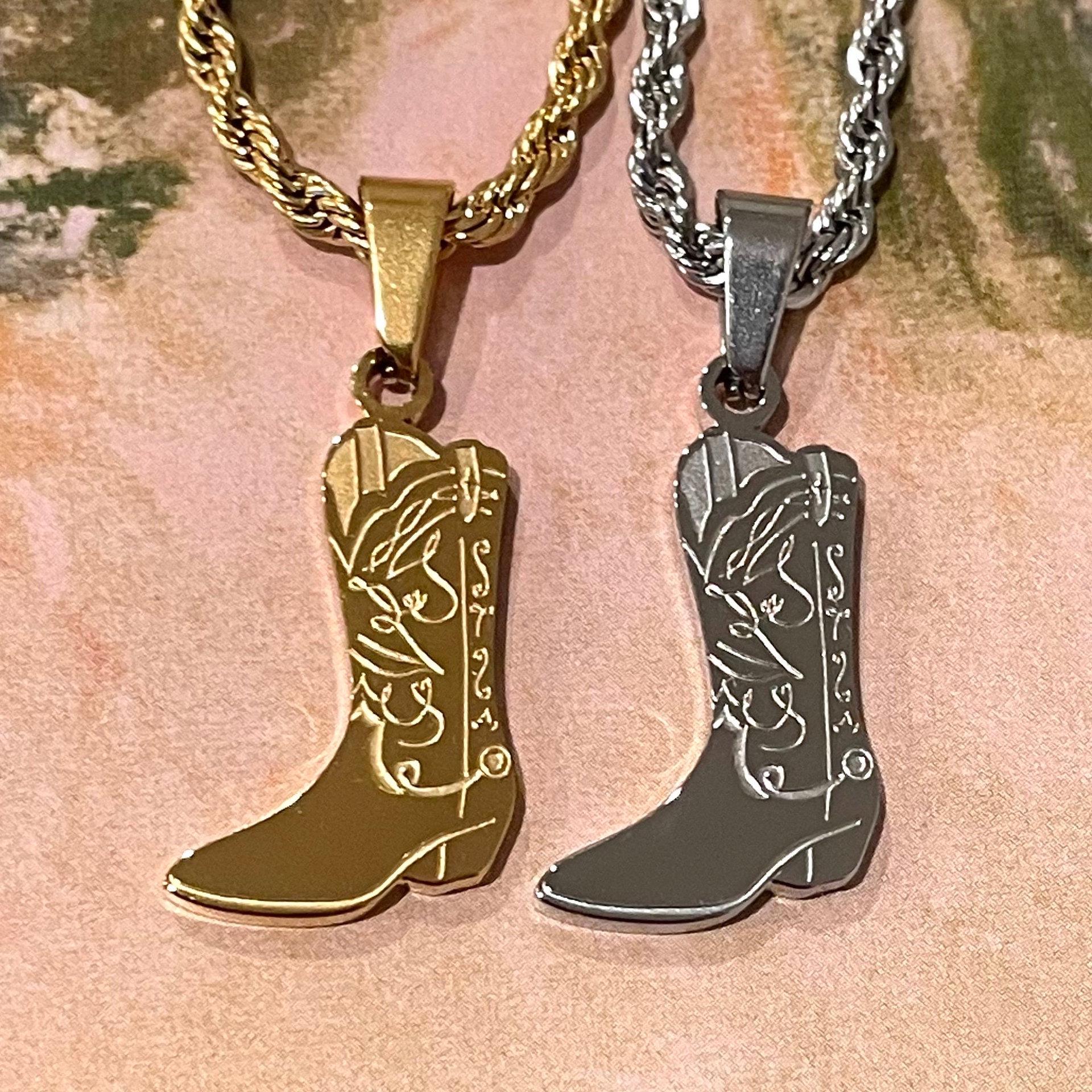 Gold-Plated Double-Sided Western Cowboy Boot Pendant Necklace with Engravable Rope Chain