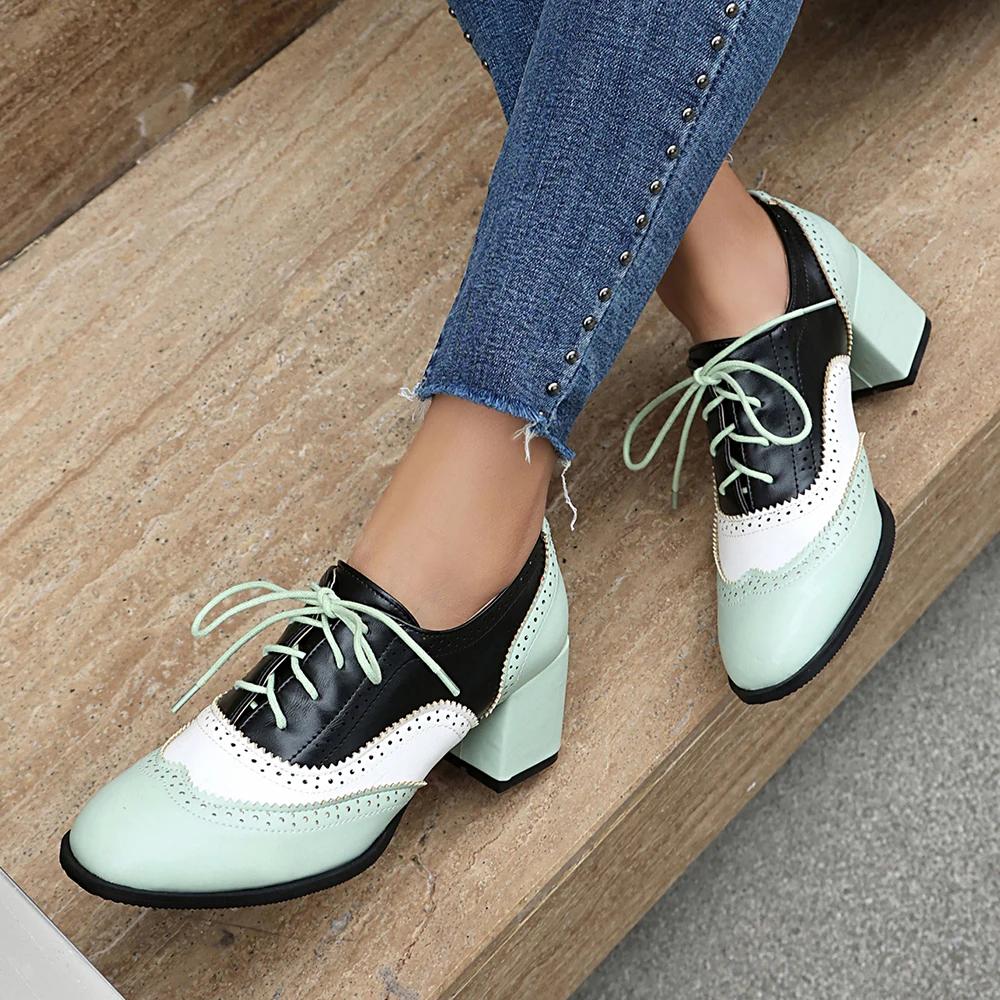 Vintage Casual Lace-up Shoes For Women Pumps Fashion Mixed Colors Women Lady PU Leather High Heels Single Shoe Big Size 34-46