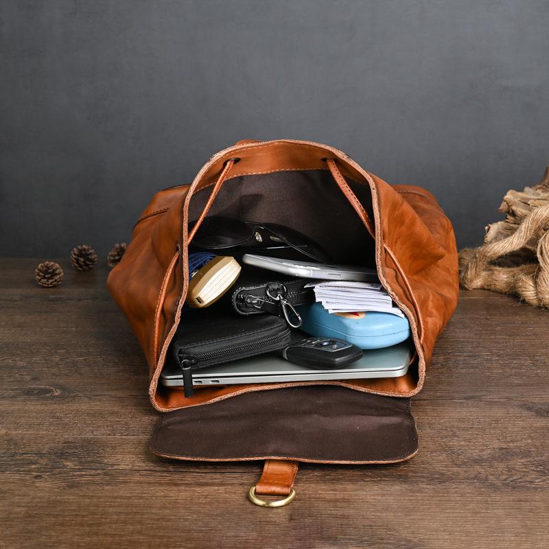 Chaozhou Vintage Handmade Leather Backpack for Casual Travel, 14-Inch Laptop Bag