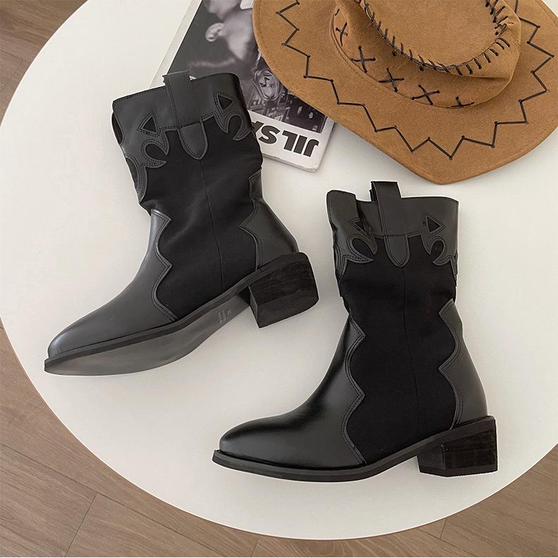 

модные ковбойские ботильоны средней высоты для женщин 2024 года, ковбойские модные вестерн-сапоги для женщин, вышитые повседневные ботинки с острым носком, женская обувь 39 чёрный