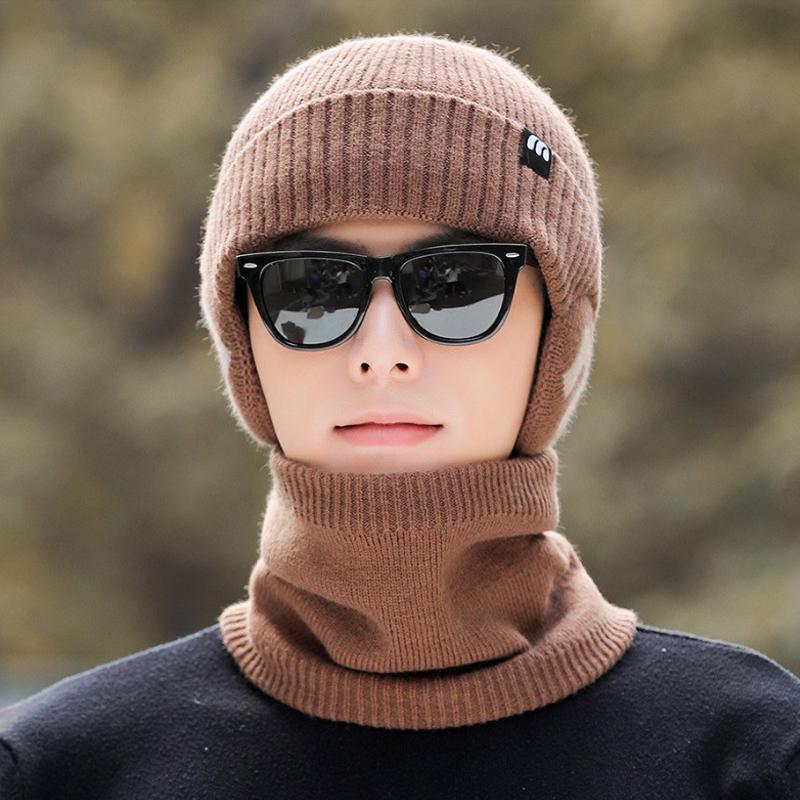 Knitted Hat Men's Winter Thick Letter Warm Cap Scarf Set Big Head Waving Elastic Pullover Cap