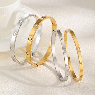 Bracelets Amour Amitié en Zircone Cubique, Joncs pour Femmes 6mm 4mm avec Pierres CZ, Bijoux en Acier Inoxydable Plaqué Or 18K