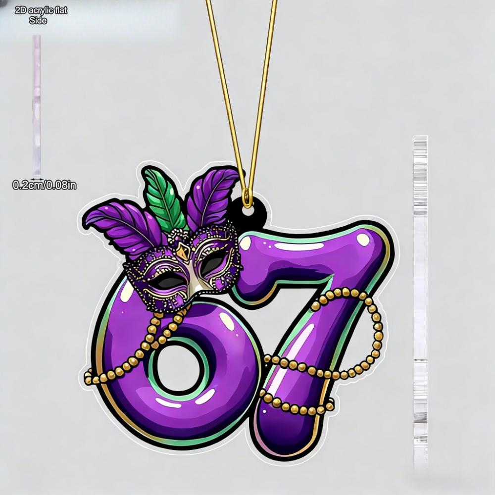 Glittering Purple & Green Mardi Gras 67 Number-Shaped Ornaments - Acrylic Carnival Masks Pendants, Drops & Finials Suitable for Christmas, Graduation