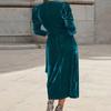 Women Autum Spring Dress Cross V-Neck One Tone Lace-up Tight Waist Velvet Mid-calf Length Long Sleeves Pleated Dating Commuti