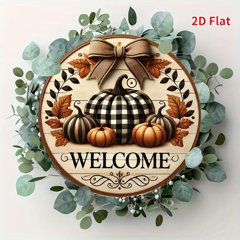 Floral Wreath Welcome Sign. 8" round aluminum plaque for garden, porch & farmhouse decor.