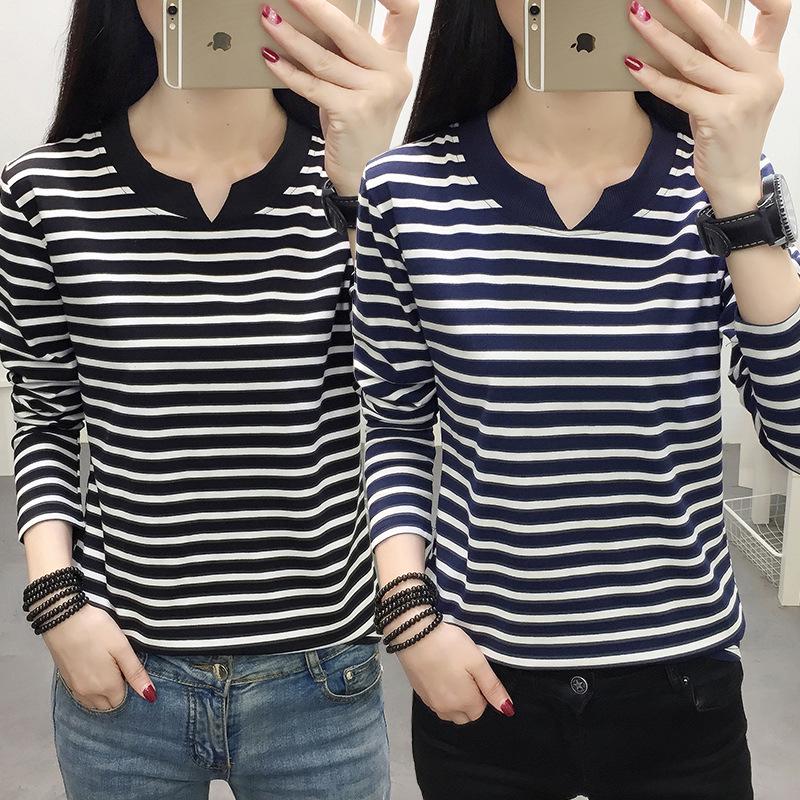 2024 Women's Loose Striped V-Neck Long-Sleeve T-Shirt - Versatile Spring Top