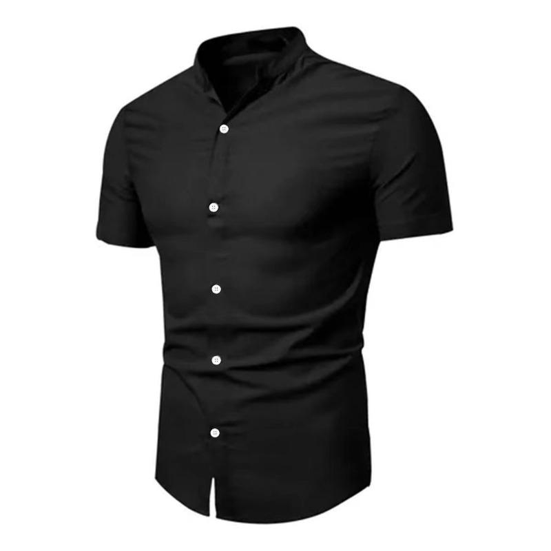 Men Stand Collar Short Sleeve Casual Button Plain Shirt Tops S чёрный