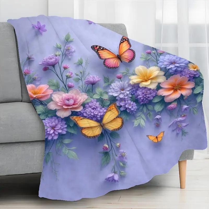 Floral and Butterfly Print Flannel Blanket Suitable for Bed, Office, Home, Camping, Cozy, Sofa, Halloween and Christmas