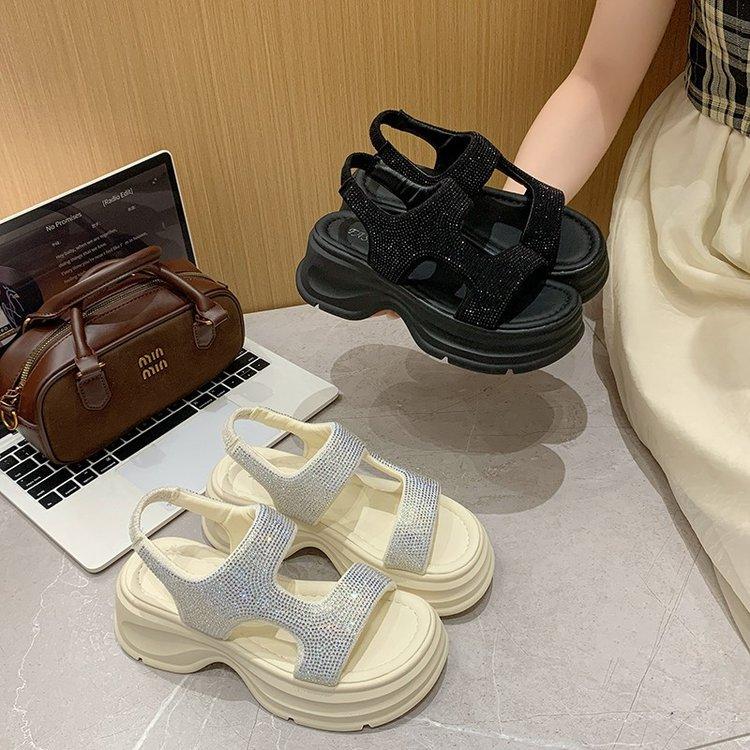 Platform-soled Roman sandals women's 2025 summer new versatile Korean version fashion full of rhinestones fairy style with skirt sandals women
