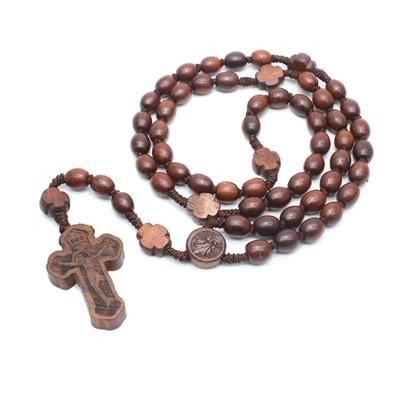 Novelty Cross Pendant Catholic Necklaces Wood Beads Rosary Necklace for Unisex