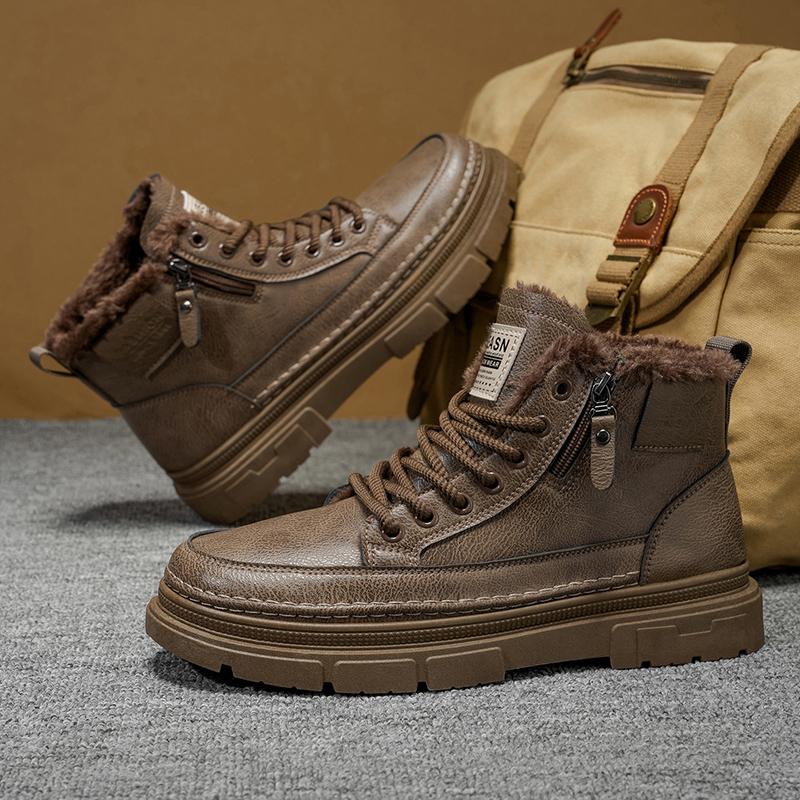 Luxury Brand Men's Ankle Boots Leather Mens Bussiness Cotton Boots Winter Warm Snow Boots with Fur Non-slip High Top Work Shoes