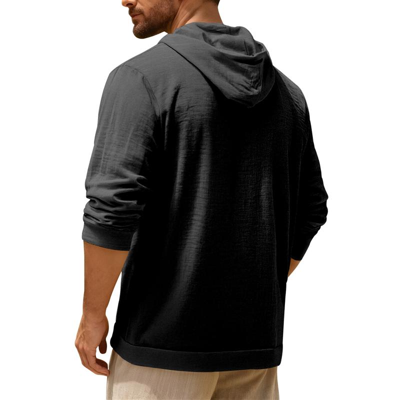 Men's Linen Shirt Solid Streetwear Long Sleeve Hoodie Cardigan Clothing for Men Button Tops Casual Loose Men Hooded Shirt