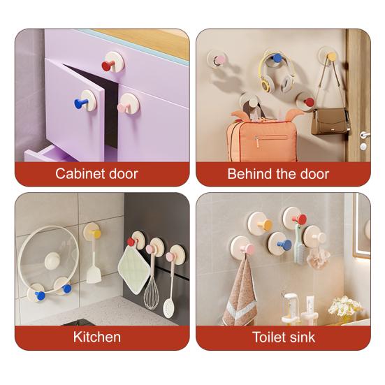 5Pcs Plastic Suction Cup Hooks No Drill Strong Suction Power Detachable Reusable Wall Hangers for Bathroom Kitchen Bedroom Storage Accessories