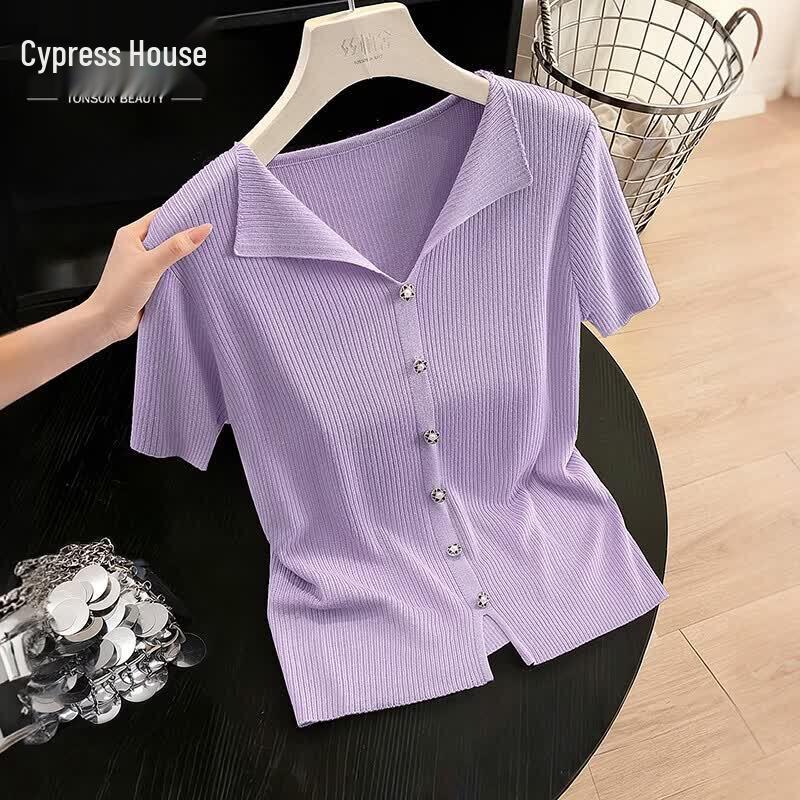 

Sibaisha Women s Simple Knitted Short Sleeve Button T-Shirt One Size