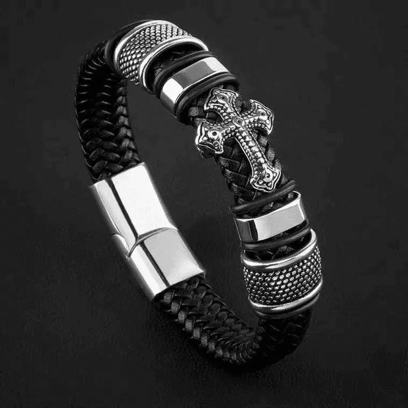European and American Black Warrior Men's Leather Bracelet Trendy Punk Heavy Metal Cross Braided High-End Fashion Personalized Bracelet