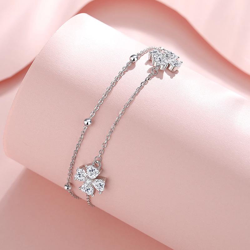 Tichya Sparkling Four-Leaf Clover Pure Silver Bracelet - Double Layer Luxury Jewelry for Women Pure Silver 999
