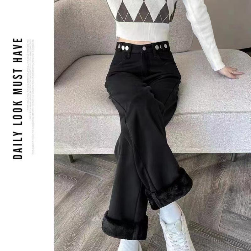 Women's High Waist Wide Leg Jeans Winter Thickened Fleece Lined  Loose Straight Long Pants Warm Casual Denim Pants