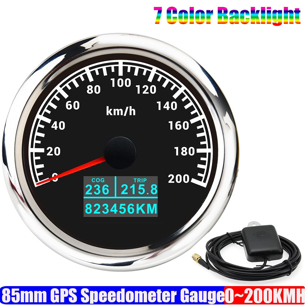 7 Color LED Auto Car 85mm GPS Speedometer Gauge with GPS Antenna 30KMH,60KMH,120KMH,200KMH Marine Boat Yacht COG TRIP Odometer
