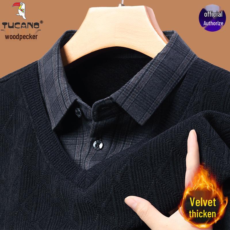

Woodpecker Men s Fleece-Lined Sweater with Shirt Collar for Middle-Aged and Elderly – Two-in-One Winter Knit Top 3XL for 165-180 lbs сірий колір