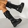 Women's Chunky Sole Belt Buckle Platform Punk Motorcycle Boots Black Anti-slip Street Style Mid-Calf Boots Size35-42 Botas Mujer