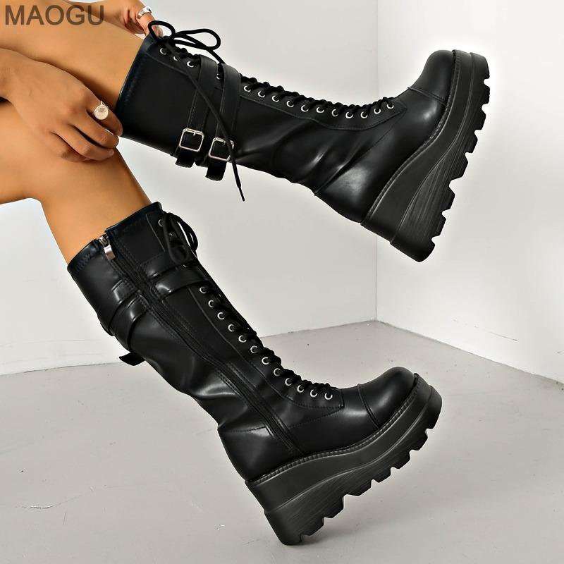 Women's Chunky Sole Belt Buckle Platform Punk Motorcycle Boots Black Anti-slip Street Style Mid-Calf Boots Size35-42 Botas Mujer