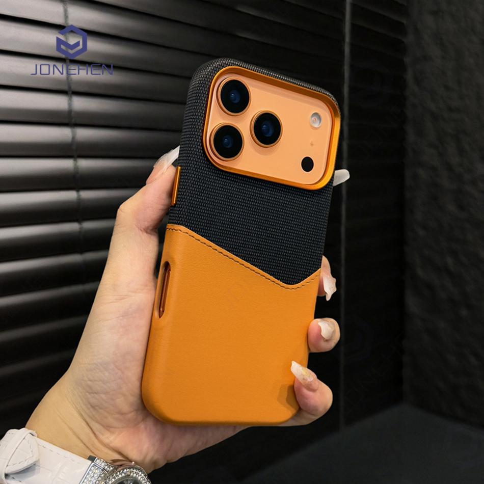 For 17pro Orange Hit Color Card Case For For Iphone 17 1 16 Pro Max 14 13 12 Magnetic Wireless Charge Flax Leather Cover