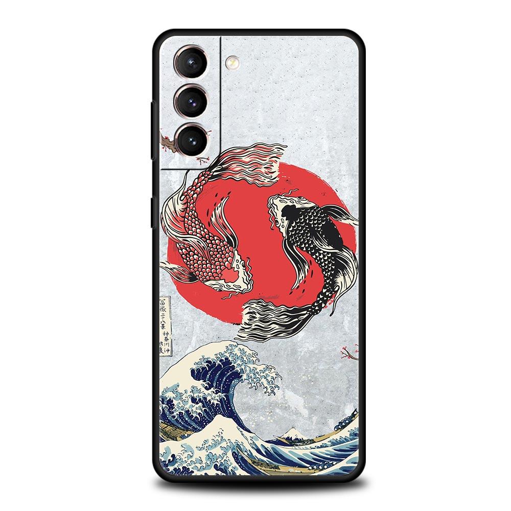 Koi Fish Case For Samsung Galaxy S22 Ultra S21 S20 FE 5G S10 S9 S24 Plus S10E S23 Phone Cover Black Silicone Shell