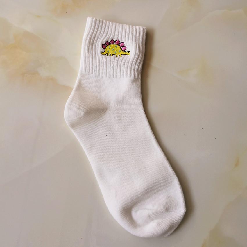 Women's Mid-Calf Cotton Socks - Embroidered Dinosaur Design for Autumn/Winter