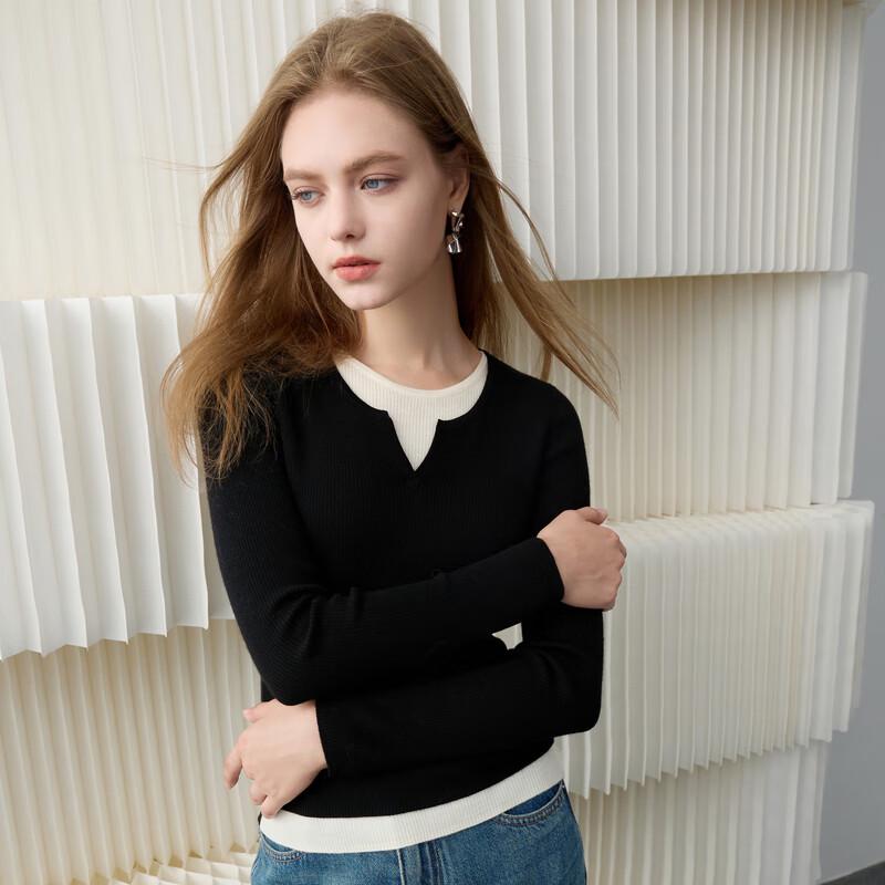 Sancai Women's Faux Two-Piece Colorblock 100% Wool Sweater