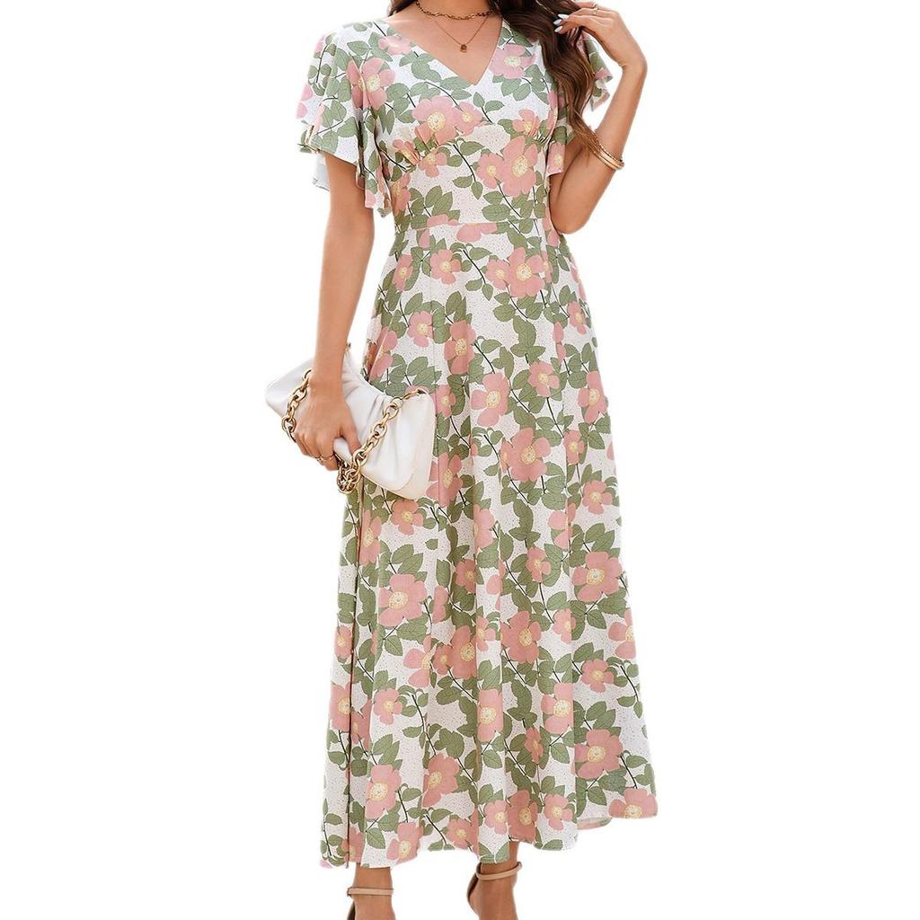 European and American summer new printed V-neck ruffle edge short-sleeved slim-fitting temperament big swing dress
