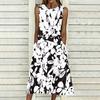 Ladies Oversized Sleeveless Round Neck Dress Fresh Watercolor Blossom Flowy Midi Dress