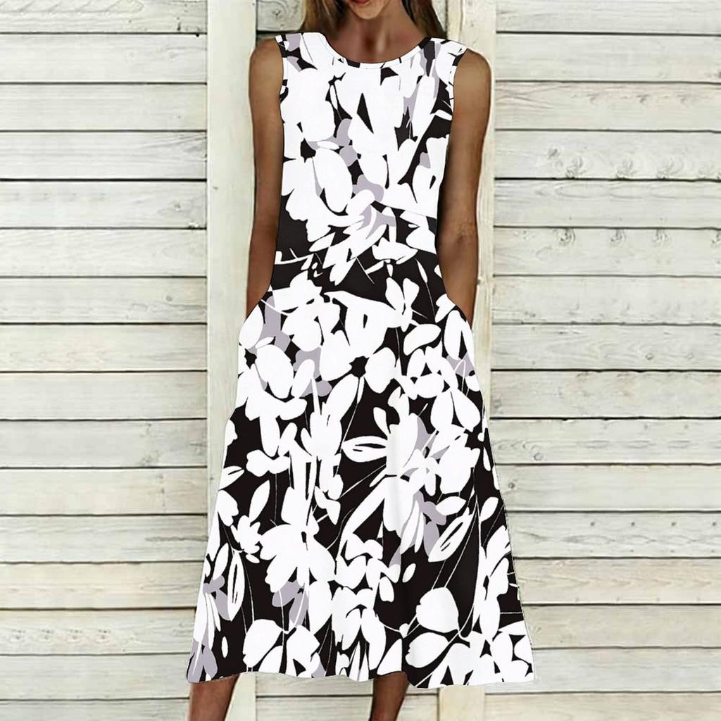 Ladies Oversized Sleeveless Round Neck Dress Fresh Watercolor Blossom Flowy Midi Dress