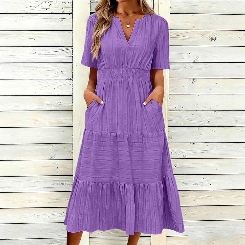 Women's Casual V Neck Dress with Gathered Puff Sleeves and Flared Hem Short Sleeve Midi Dress with Pockets