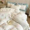Elegant Rose Embroidery Lace Ruffles Bedding Set Skin-friendly Washed Cotton Princess Wedding Duvet Cover Bed Sheet Pillowcases
