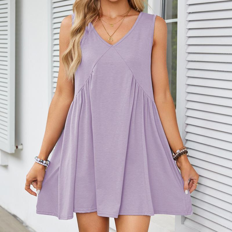 Women's Fashion Solid Colour V-Neck Sleeveless Pleated Vest Pocket Dresses